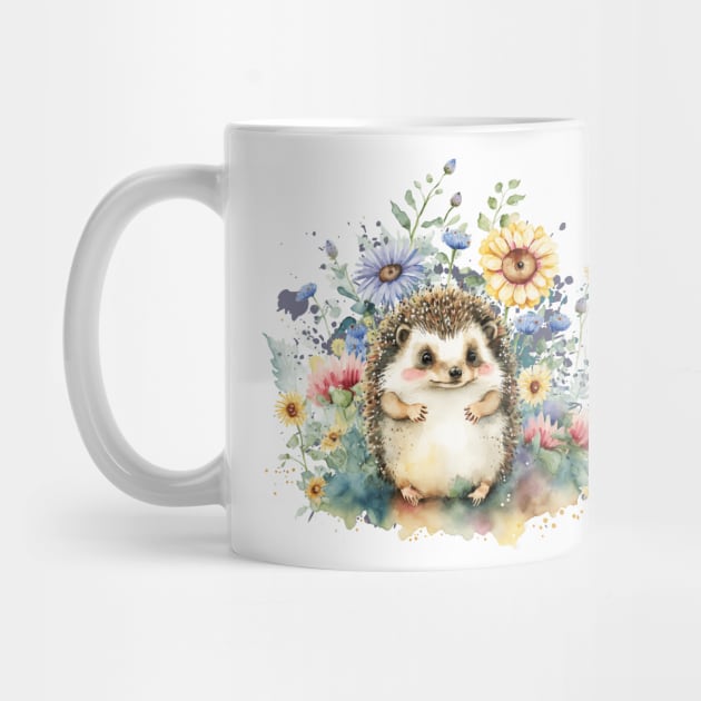 Watercolor Hedgehog in Flowers by HolidayBug